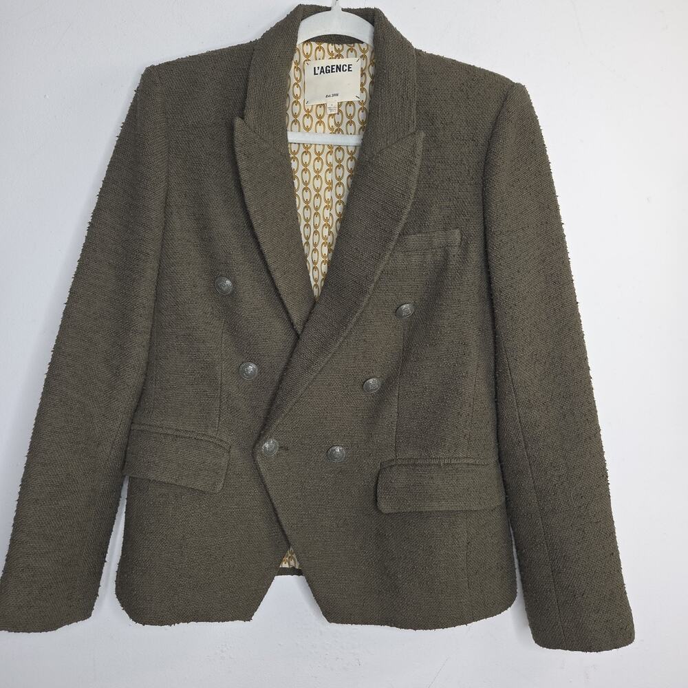 L'AGENCE Kenzie Double Breasted Boucle Blazer Size 8 Khaki Olive Green EXCELLENT